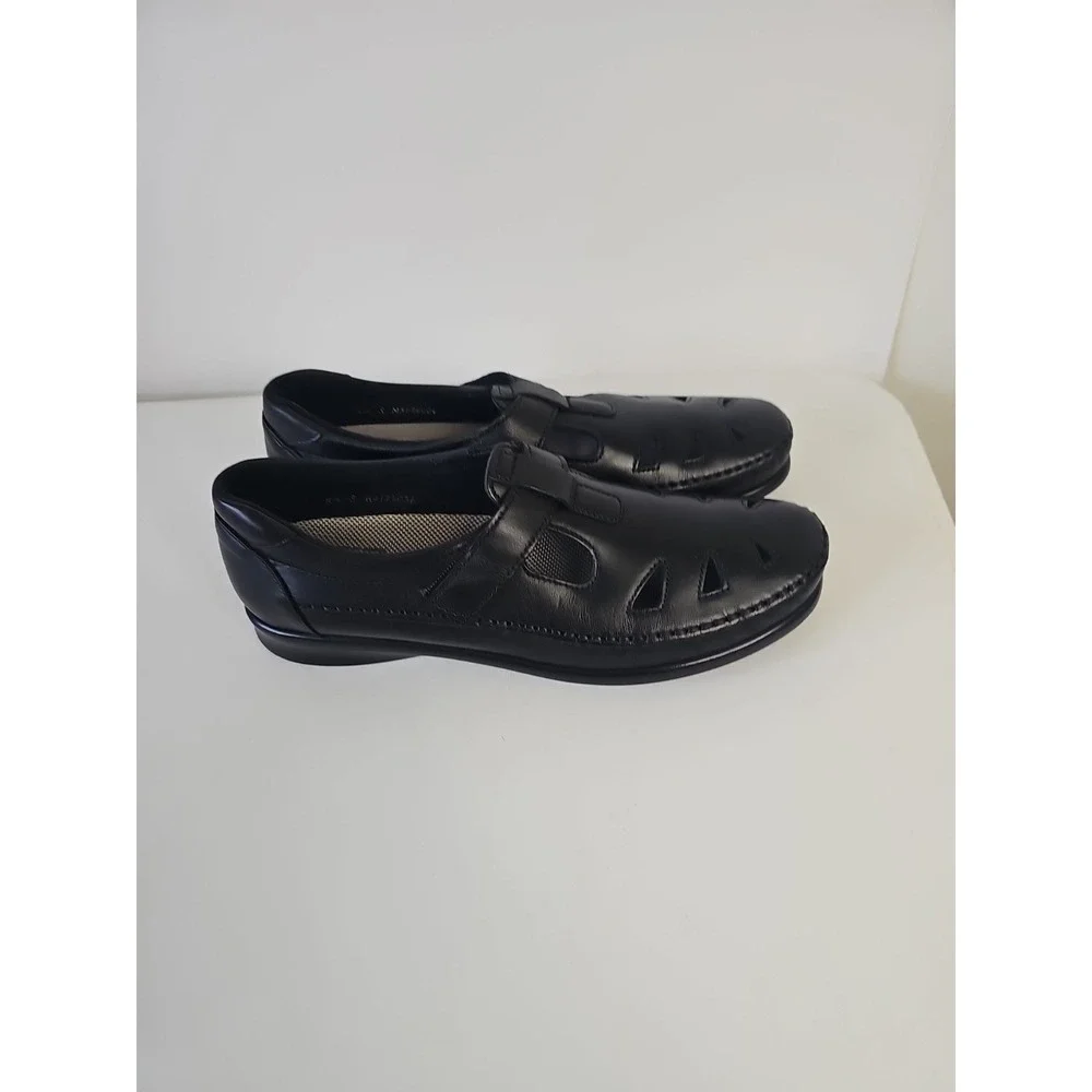 Womens SAS USA Roamer Black Leather Comfort Shoes Loafer Wedge T-Strap Wedge 8.5